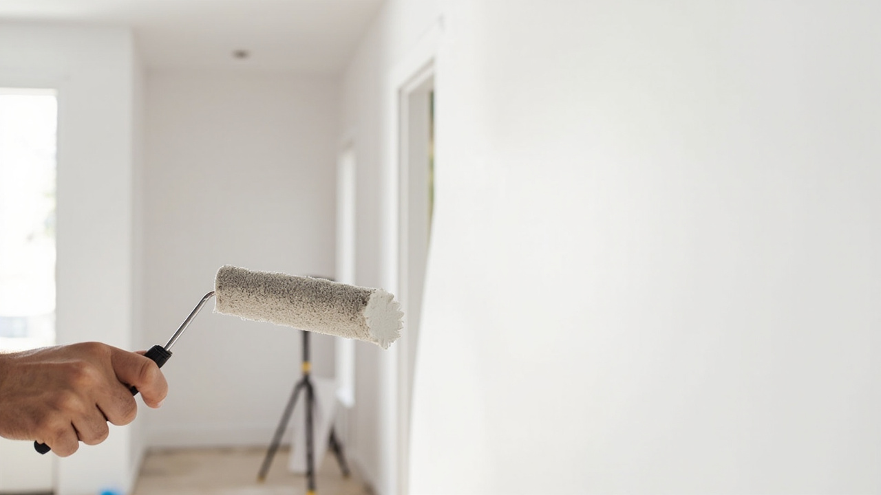 professional painter painting a living room wall with a roller, modern home interior