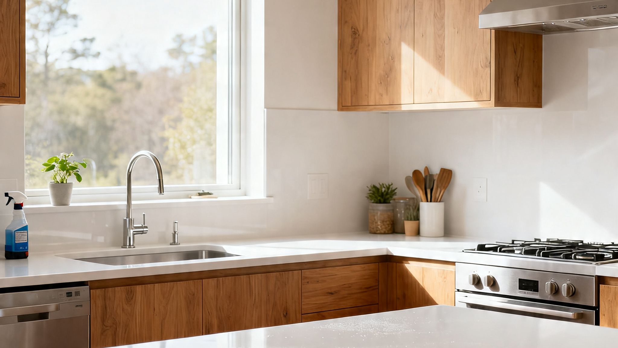 professional cleaner cleaning living room with cleaning caddy and supplies