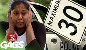 Speed Sign Smashes Cop Car's Window
