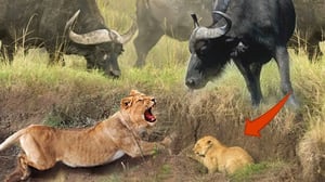 「ライオンがピンチです: 勇敢なバッファロー 🐃💪 がライオン 🦁🔥 を倒し、その驚異的な強さを見せつけました!