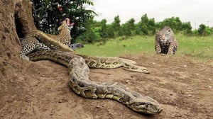 巨大なニシキヘビと対峙したヒョウにとっての痛ましい結果