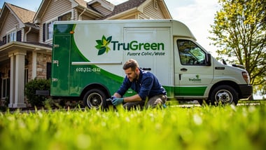 person holding smartphone calling lawn care company, green lawn in background