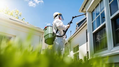 professional pest control technician treating exterior of home with sprayer