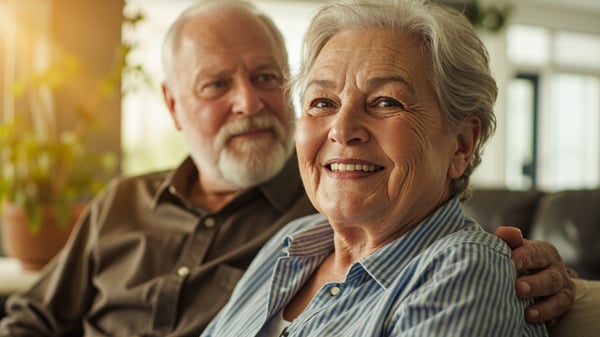 Senior couple reviewing IRA account information and retirement planning documents at kitchen table