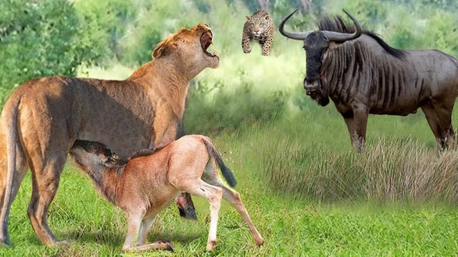 怒った母親ヌーは赤ちゃんを救うために力の限りライオンを攻撃しました