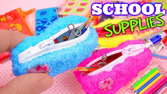 10 DIY miniature School Supplies, pencil cases, stickers, and more