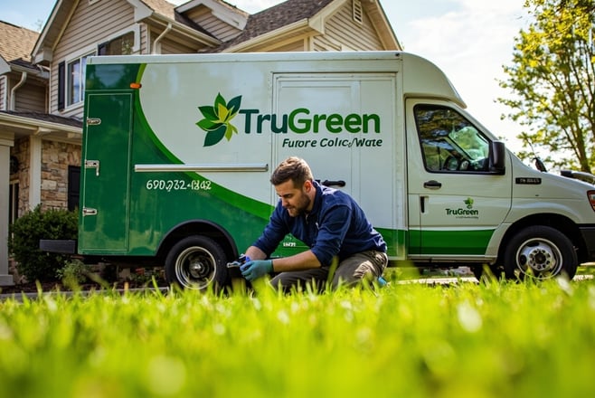 person holding smartphone calling lawn care company, green lawn in background
