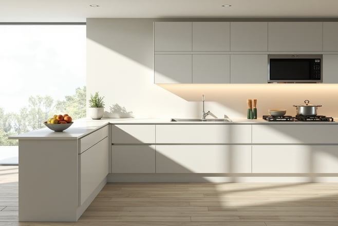 modern kitchen renovation with white cabinets and quartz countertops, bright natural lighting