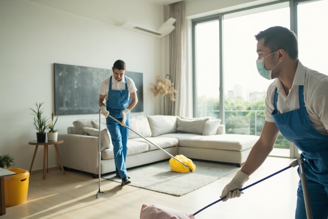 professional cleaning team doing extreme deep cleaning in a modern living room