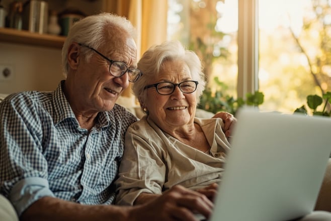 Senior citizen using affordable internet service on a tablet at home - low-cost internet for seniors on social security
