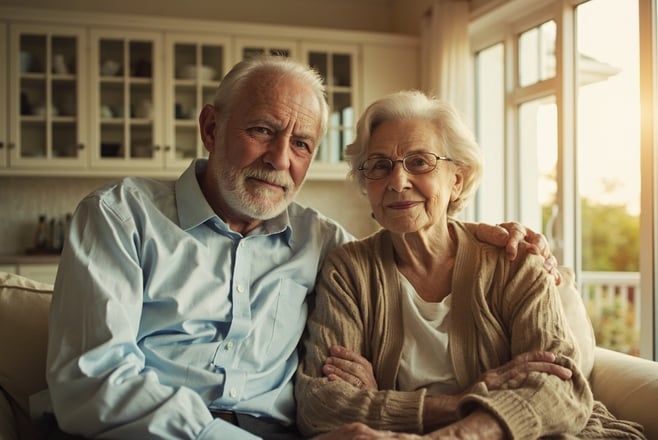 Senior couple reviewing senior citizen discount options and savings opportunities on a tablet computer