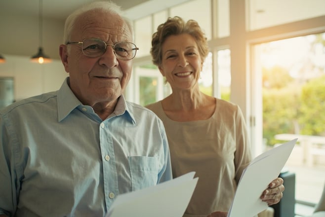 Senior couple reviewing pension benefit documents and retirement planning materials for 2026