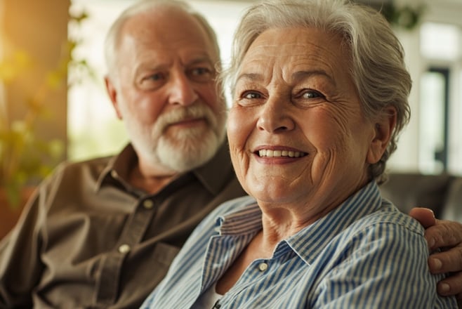 Senior couple reviewing IRA account information and retirement planning documents at kitchen table