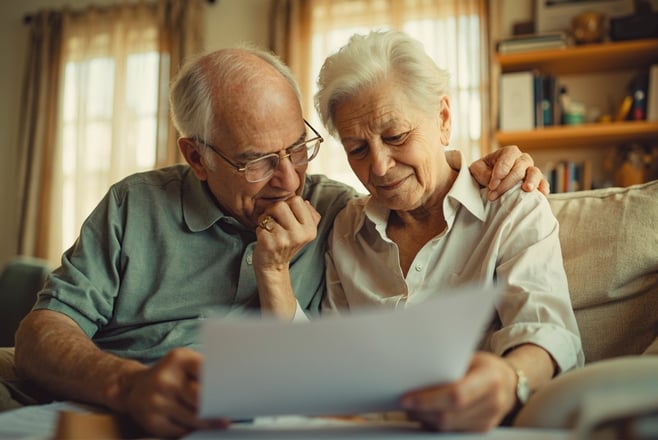 Senior couple reviewing elder care insurance options with financial advisor in 2026