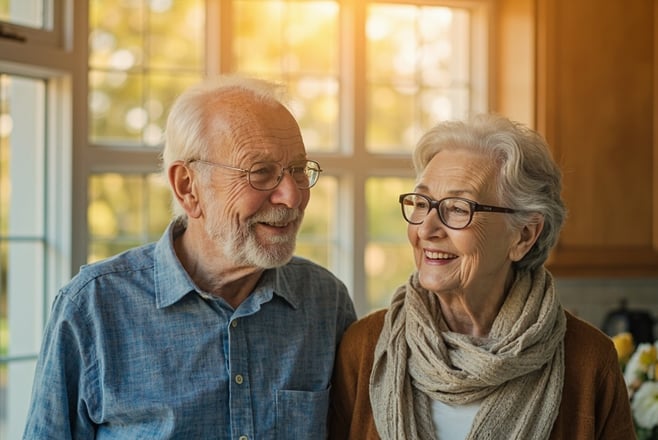 Senior couple reviewing senior citizen discount options and savings opportunities on a tablet computer