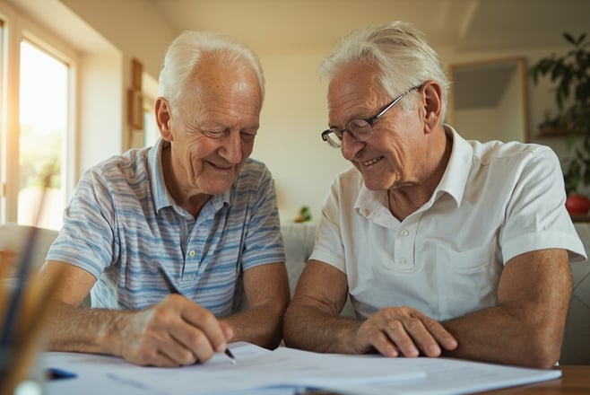 Senior couple reviewing retirement savings contribution information for 2026 planning