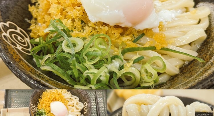 はなまるうどん 温玉ぶっかけ＋ミニ牛肉ごはん＋とり天 とり天手のひらサイズデカすぎだろ最高なセットを【23年6月28日12時】