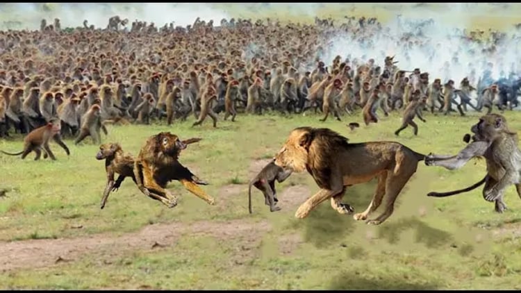 勇敢すぎる - ヒヒの群れが仲間を救うために力を合わせてライオンを攻撃した