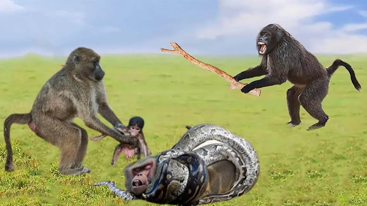 ヒヒは仲間を救うために団結して巨大なニシキヘビを攻撃しますが、その結末は悲惨です